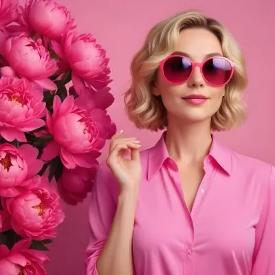 A Caucasian Woman In Her 30s With Short Wavy Blonde Hair Wearing Large Round Pink Sunglasses And A Bright Pink Blouse She Stands Confidently Next To A Cluster Of Vibrant Pink Peonies Against A Solid Pink Background 63 F7a6