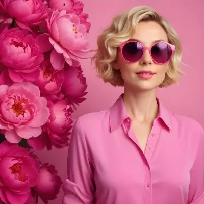 A Caucasian Woman In Her 30s With Short Wavy Blonde Hair Wearing Large Round Pink Sunglasses And A Bright Pink Blouse She Stands Confidently Next To A Cluster Of Vibrant Pink Peonies Against A Solid Pink Background 64 11e9