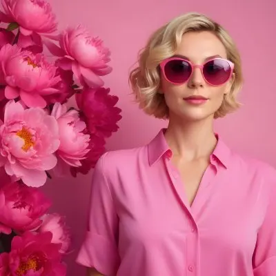 A Caucasian Woman In Her 30s With Short Wavy Blonde Hair Wearing Large Round Pink Sunglasses And A Bright Pink Blouse She Stands Confidently Next To A Cluster Of Vibrant Pink Peonies Against A Solid Pink Background 67 79bd