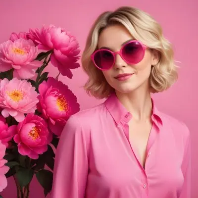 A Caucasian Woman In Her 30s With Short Wavy Blonde Hair Wearing Large Round Pink Sunglasses And A Bright Pink Blouse She Stands Confidently Next To A Cluster Of Vibrant Pink Peonies Against A Solid Pink Background 69 44f4