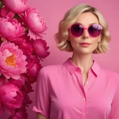 A Caucasian Woman In Her 30s With Short Wavy Blonde Hair Wearing Large Round Pink Sunglasses And A Bright Pink Blouse She Stands Confidently Next To A Cluster Of Vibrant Pink Peonies Against A Solid Pink Background 7 Cbd9
