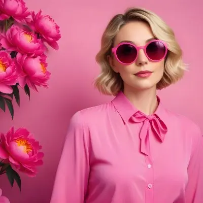 A Caucasian Woman In Her 30s With Short Wavy Blonde Hair Wearing Large Round Pink Sunglasses And A Bright Pink Blouse She Stands Confidently Next To A Cluster Of Vibrant Pink Peonies Against A Solid Pink Background 70 6eac