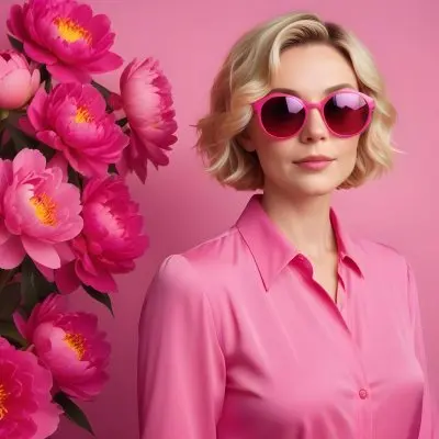 A Caucasian Woman In Her 30s With Short Wavy Blonde Hair Wearing Large Round Pink Sunglasses And A Bright Pink Blouse She Stands Confidently Next To A Cluster Of Vibrant Pink Peonies Against A Solid Pink Background 71 55b0