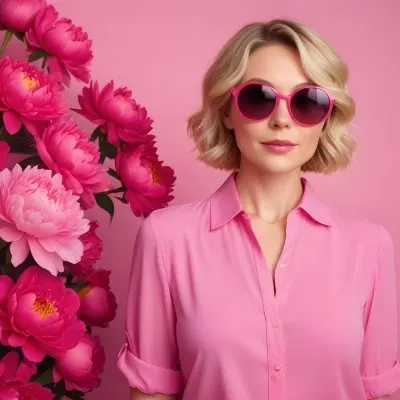A Caucasian Woman In Her 30s With Short Wavy Blonde Hair Wearing Large Round Pink Sunglasses And A Bright Pink Blouse She Stands Confidently Next To A Cluster Of Vibrant Pink Peonies Against A Solid Pink Background 72 04b1