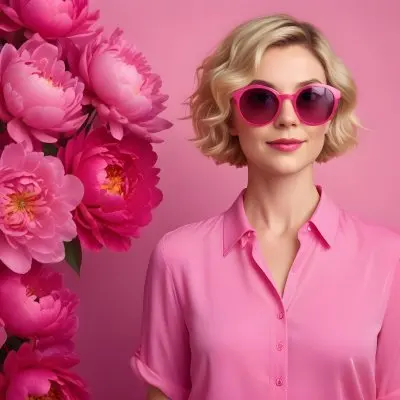 A Caucasian Woman In Her 30s With Short Wavy Blonde Hair Wearing Large Round Pink Sunglasses And A Bright Pink Blouse She Stands Confidently Next To A Cluster Of Vibrant Pink Peonies Against A Solid Pink Background 73 Eb6c