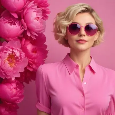 A Caucasian Woman In Her 30s With Short Wavy Blonde Hair Wearing Large Round Pink Sunglasses And A Bright Pink Blouse She Stands Confidently Next To A Cluster Of Vibrant Pink Peonies Against A Solid Pink Background 74 736f