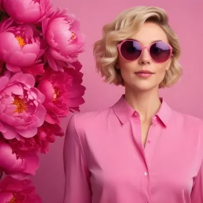 A Caucasian Woman In Her 30s With Short Wavy Blonde Hair Wearing Large Round Pink Sunglasses And A Bright Pink Blouse She Stands Confidently Next To A Cluster Of Vibrant Pink Peonies Against A Solid Pink Background 78 57bf
