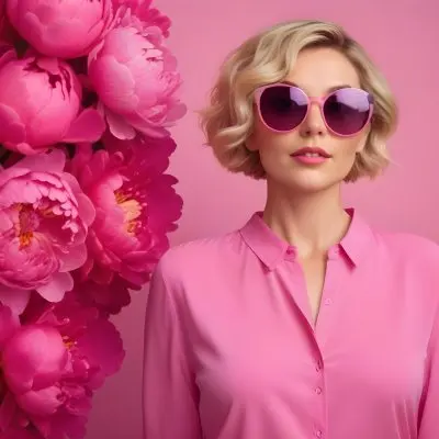 A Caucasian Woman In Her 30s With Short Wavy Blonde Hair Wearing Large Round Pink Sunglasses And A Bright Pink Blouse She Stands Confidently Next To A Cluster Of Vibrant Pink Peonies Against A Solid Pink Background 81 6c3f