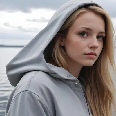 A Caucasian Woman In Her Late 20s With Long Straight Blonde Hair Wearing A Light Gray Hooded Jacket Over A Matching Top She Is Standing By A Body Of Water With A Cloudy Sky In The Background Looking Thoughtfully To Th 10 6563