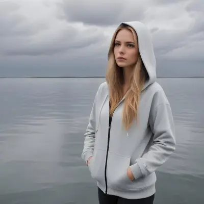 A Caucasian Woman In Her Late 20s With Long Straight Blonde Hair Wearing A Light Gray Hooded Jacket Over A Matching Top She Is Standing By A Body Of Water With A Cloudy Sky In The Background Looking Thoughtfully To Th 11 45b1