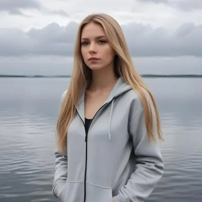 A Caucasian Woman In Her Late 20s With Long Straight Blonde Hair Wearing A Light Gray Hooded Jacket Over A Matching Top She Is Standing By A Body Of Water With A Cloudy Sky In The Background Looking Thoughtfully To Th 12 6df3