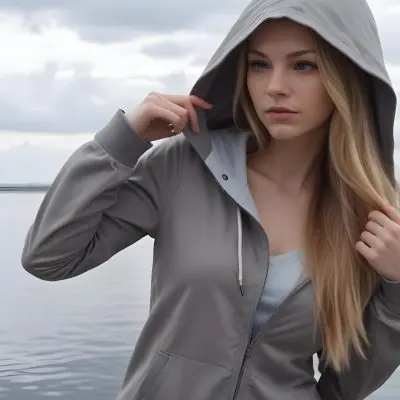 A Caucasian Woman In Her Late 20s With Long Straight Blonde Hair Wearing A Light Gray Hooded Jacket Over A Matching Top She Is Standing By A Body Of Water With A Cloudy Sky In The Background Looking Thoughtfully To Th 13 0eed