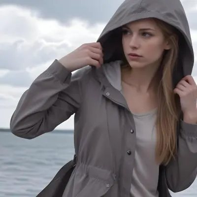 A Caucasian Woman In Her Late 20s With Long Straight Blonde Hair Wearing A Light Gray Hooded Jacket Over A Matching Top She Is Standing By A Body Of Water With A Cloudy Sky In The Background Looking Thoughtfully To Th 14 D68c