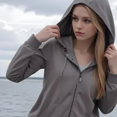 A Caucasian Woman In Her Late 20s With Long Straight Blonde Hair Wearing A Light Gray Hooded Jacket Over A Matching Top She Is Standing By A Body Of Water With A Cloudy Sky In The Background Looking Thoughtfully To Th 15 0a4f