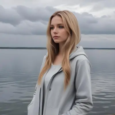 A Caucasian Woman In Her Late 20s With Long Straight Blonde Hair Wearing A Light Gray Hooded Jacket Over A Matching Top She Is Standing By A Body Of Water With A Cloudy Sky In The Background Looking Thoughtfully To Th 3 34aa