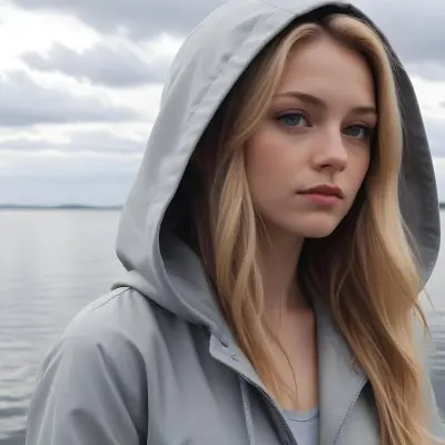 A Caucasian Woman In Her Late 20s With Long Straight Blonde Hair Wearing A Light Gray Hooded Jacket Over A Matching Top She Is Standing By A Body Of Water With A Cloudy Sky In The Background Looking Thoughtfully To Th 4 49f5