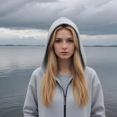 A Caucasian Woman In Her Late 20s With Long Straight Blonde Hair Wearing A Light Gray Hooded Jacket Over A Matching Top She Is Standing By A Body Of Water With A Cloudy Sky In The Background Looking Thoughtfully To Th 5 Cd8c
