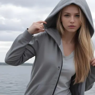 A Caucasian Woman In Her Late 20s With Long Straight Blonde Hair Wearing A Light Gray Hooded Jacket Over A Matching Top She Is Standing By A Body Of Water With A Cloudy Sky In The Background Looking Thoughtfully To Th 6 27e8