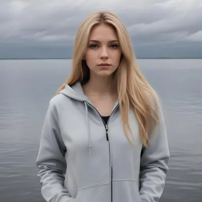 A Caucasian Woman In Her Late 20s With Long Straight Blonde Hair Wearing A Light Gray Hooded Jacket Over A Matching Top She Is Standing By A Body Of Water With A Cloudy Sky In The Background Looking Thoughtfully To Th 7 Db3b