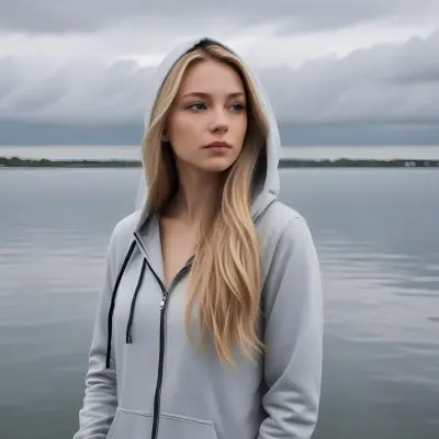 A Caucasian Woman In Her Late 20s With Long Straight Blonde Hair Wearing A Light Gray Hooded Jacket Over A Matching Top She Is Standing By A Body Of Water With A Cloudy Sky In The Background Looking Thoughtfully To Th 8 B177