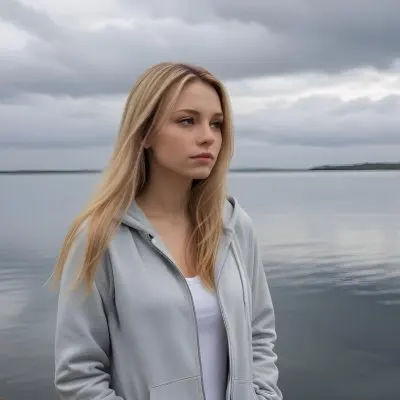 A Caucasian Woman In Her Late 20s With Long Straight Blonde Hair Wearing A Light Gray Hooded Jacket Over A Matching Top She Is Standing By A Body Of Water With A Cloudy Sky In The Background Looking Thoughtfully To Th 9 299e