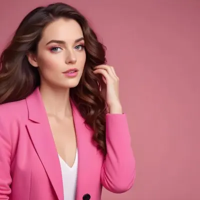 A Caucasian Woman In Her Mid 20s With Long Wavy Brown Hair Wearing A Bright Pink Blazer She Has Striking Makeup With Bold Eye Makeup And Nude Lips The Background Is A Solid Pink Color Creating A Vibrant And Cohesi 64 Aa7b