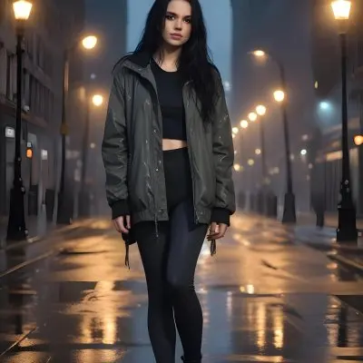 A Caucasian Woman With Long Black Hair 25 Years Old Wearing A Jacket And Black Leggings Standing On A Wet Street With Streetlights In A City At Night 1 A3b6