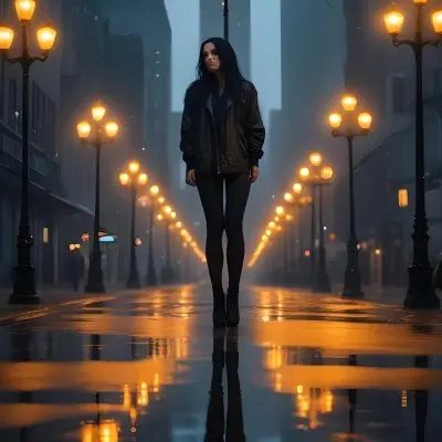 A Caucasian Woman With Long Black Hair 25 Years Old Wearing A Jacket And Black Leggings Standing On A Wet Street With Streetlights In A City At Night 10 4adb