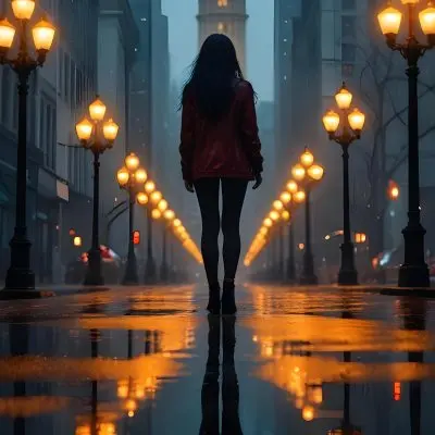 A Caucasian Woman With Long Black Hair 25 Years Old Wearing A Jacket And Black Leggings Standing On A Wet Street With Streetlights In A City At Night 14 4c87