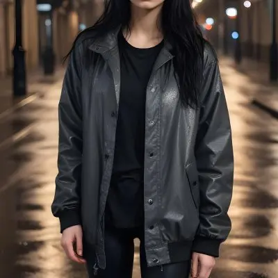 A Caucasian Woman With Long Black Hair 25 Years Old Wearing A Jacket And Black Leggings Standing On A Wet Street With Streetlights In A City At Night 15 456c