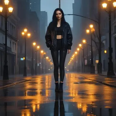 A Caucasian Woman With Long Black Hair 25 Years Old Wearing A Jacket And Black Leggings Standing On A Wet Street With Streetlights In A City At Night 16 Ac1b