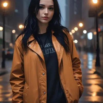 A Caucasian Woman With Long Black Hair 25 Years Old Wearing A Jacket And Black Leggings Standing On A Wet Street With Streetlights In A City At Night 17 6d10