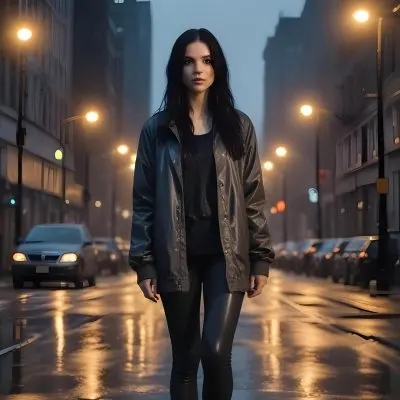 A Caucasian Woman With Long Black Hair 25 Years Old Wearing A Jacket And Black Leggings Standing On A Wet Street With Streetlights In A City At Night 19 9800