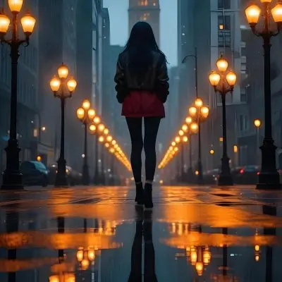 A Caucasian Woman With Long Black Hair 25 Years Old Wearing A Jacket And Black Leggings Standing On A Wet Street With Streetlights In A City At Night 2 8c83
