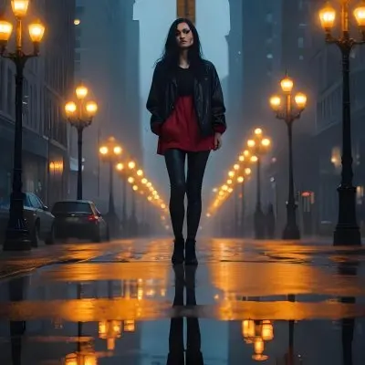A Caucasian Woman With Long Black Hair 25 Years Old Wearing A Jacket And Black Leggings Standing On A Wet Street With Streetlights In A City At Night 20 Ec91
