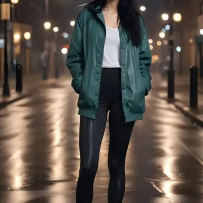 A Caucasian Woman With Long Black Hair 25 Years Old Wearing A Jacket And Black Leggings Standing On A Wet Street With Streetlights In A City At Night 21 03cb