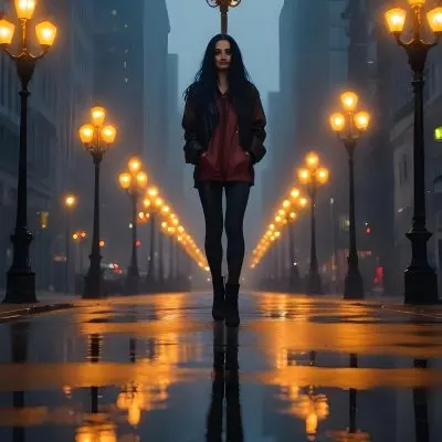 A Caucasian Woman With Long Black Hair 25 Years Old Wearing A Jacket And Black Leggings Standing On A Wet Street With Streetlights In A City At Night 26 971c