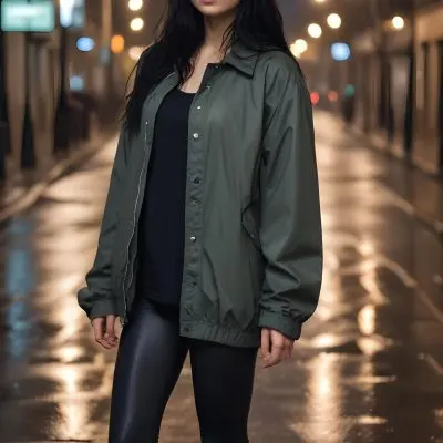 A Caucasian Woman With Long Black Hair 25 Years Old Wearing A Jacket And Black Leggings Standing On A Wet Street With Streetlights In A City At Night 31 F9f2