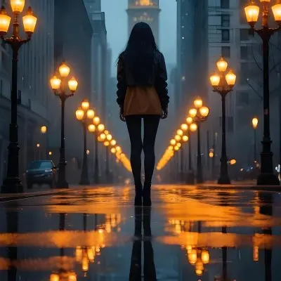 A Caucasian Woman With Long Black Hair 25 Years Old Wearing A Jacket And Black Leggings Standing On A Wet Street With Streetlights In A City At Night 4 999c