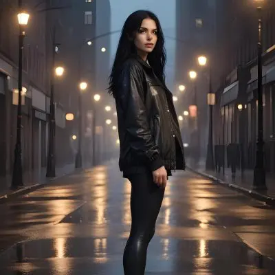 A Caucasian Woman With Long Black Hair 25 Years Old Wearing A Jacket And Black Leggings Standing On A Wet Street With Streetlights In A City At Night 5 4ad6