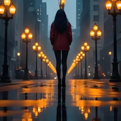 A Caucasian Woman With Long Black Hair 25 Years Old Wearing A Jacket And Black Leggings Standing On A Wet Street With Streetlights In A City At Night 6 1399
