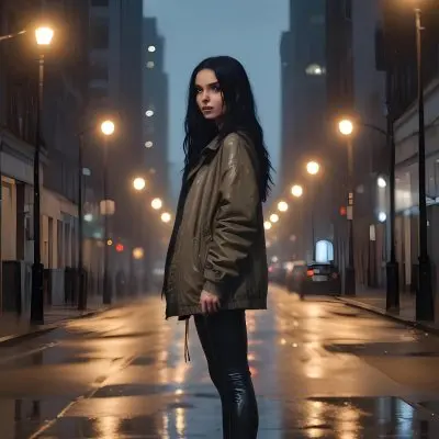 A Caucasian Woman With Long Black Hair 25 Years Old Wearing A Jacket And Black Leggings Standing On A Wet Street With Streetlights In A City At Night 7 2070