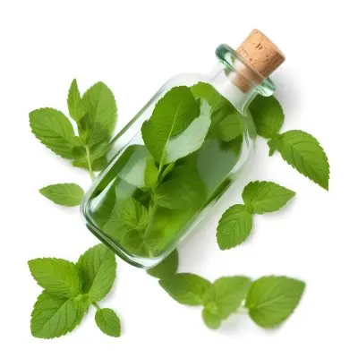 A Clear Glass Bottle With A Cork Stopper Containing Green Liquid Placed Next To Fresh Green Mint Leaves The Mint Leaves Are Vibrant And Lush Showcasing Their Serrated Edges And Rich Color The Background Is Plain W 45 1667