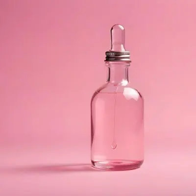 A Clear Glass Bottle With A Dropper Cap Filled With A Clear Liquid Placed Diagonally On A Plain Pink Background 11 0fd6