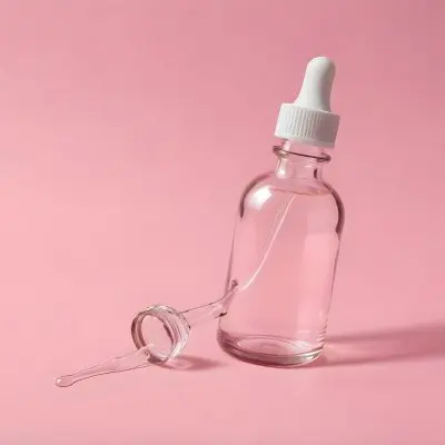 A Clear Glass Bottle With A Dropper Cap Filled With A Clear Liquid Placed Diagonally On A Plain Pink Background 13 Ef86