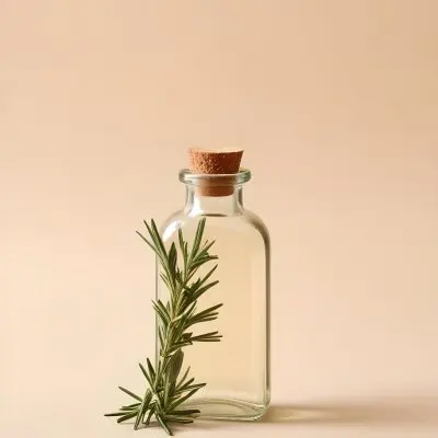 A Clear Glass Bottle With A Glass Stopper Filled With Oil A Sprig Of Rosemary Next To It On A Beige Background 16 4aac