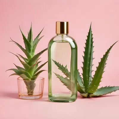 A Clear Glass Bottle With A Gold Cap A Green Cosmetic Container And Green Aloe Vera Leaves On A Pink Background 11 E9b2
