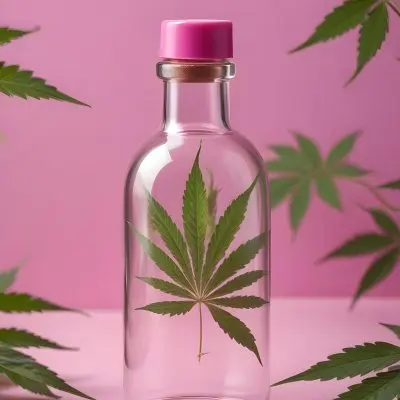 A Clear Glass Bottle With A Pink Cap Placed On A Pink Surface Cannabis Leaves In The Foreground Light Purple Background 27 A594