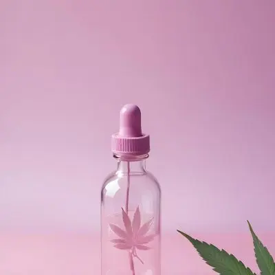 A Clear Glass Bottle With A Pink Cap Placed On A Pink Surface Cannabis Leaves In The Foreground Light Purple Background 3 D374