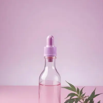 A Clear Glass Bottle With A Pink Cap Placed On A Pink Surface Cannabis Leaves In The Foreground Light Purple Background 38 Cdcb